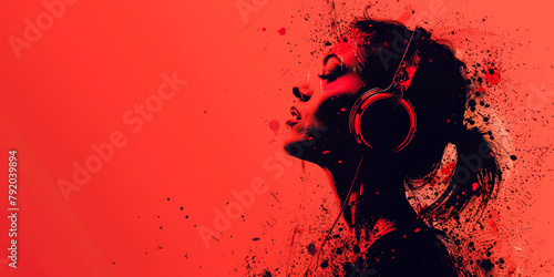A woman with headphones on her head is the main focus of the image. The background is red, which adds to the overall mood of the image. The woman is listening to music