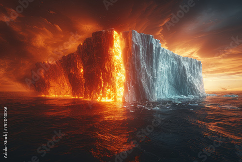 The clash between a heatwave and an iceberg, illustrating the collision of scorching temperatures and frigid ice masses. Concept of temperature extremes. Generative Ai.
