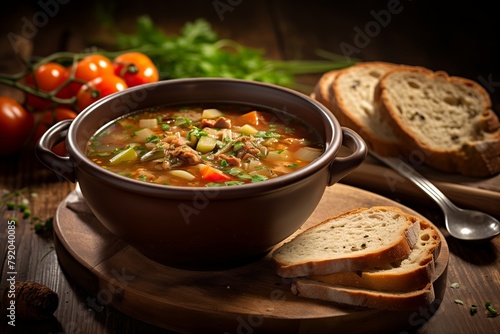 Traditional soup with bread on rustic table photo