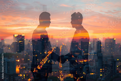 Silhouettes of two businessmen shaking hands in abstract city with double exposure of blurry digital chart. Concept of partnership and stock market. Toned image. AI generated illustration
