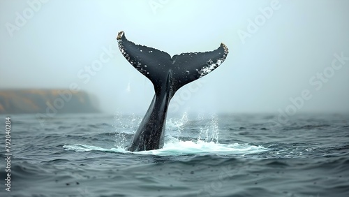 Whale tail splashing in vast empty ocean calm breach with grand view. Concept Marine Life, Ocean Activities, Whale Watching, Nature Photography, Wildlife Encounters