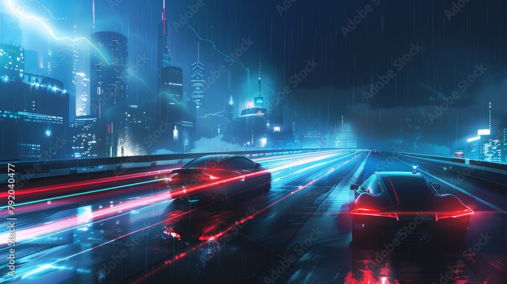 Cityscape of a busy highway at night with rain and traffic lights reflecting on the wet road surface Cityscape of a busy highway at night with rain and traffic lights reflecting on the wet road surface