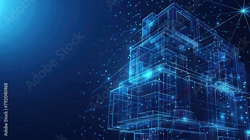 skyscrapers business office modern buildings low poly wireframe on blue background. copy space for text.technology digital building. AI generated illustration © Or