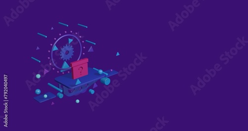 Pink gift box with a question symbol on a pedestal of abstract geometric shapes floating in the air. Abstract concept art with flying shapes on the left. 3d illustration on deep purple background