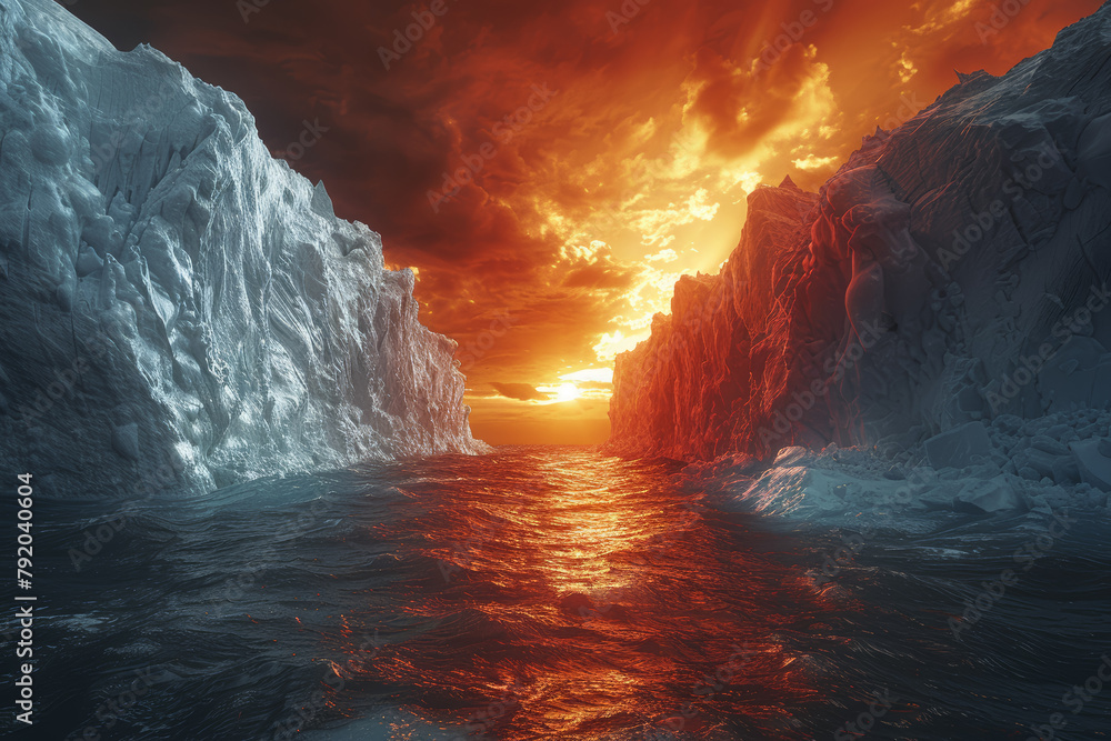 The intersection of a heatwave and a glacier, depicting the collision of melting ice and extreme temperatures. Concept of climate change effects on polar regions. Generative Ai. - obrazy, fototapety, plakaty 