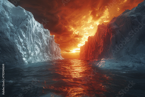 The intersection of a heatwave and a glacier, depicting the collision of melting ice and extreme temperatures. Concept of climate change effects on polar regions. Generative Ai.