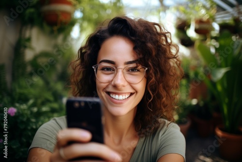 Young beautiful smiling happy girl taking selfie. Generative AI.