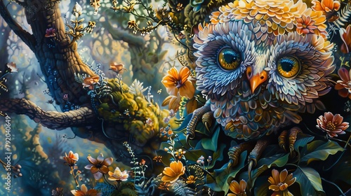 A brightly colored owl with big eyes sits on a branch in the forest. The owl is surrounded by flowers and plants of all different colors. The image is very detailed and has a lot of vibrant colors. © bersch28