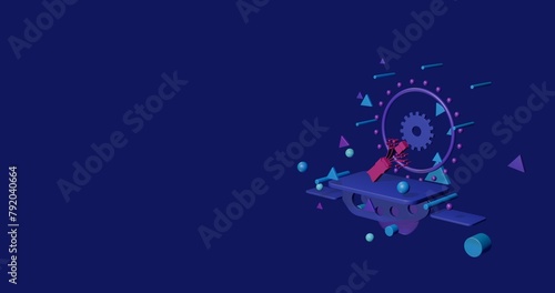 Pink champagne opening symbol on a pedestal of abstract geometric shapes floating in the air. Abstract concept art with flying shapes on the right. 3d illustration on indigo background