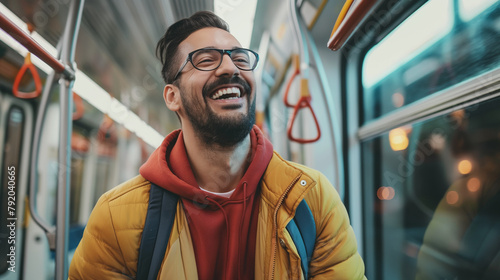 Homem sorrindo no transporte publico  photo