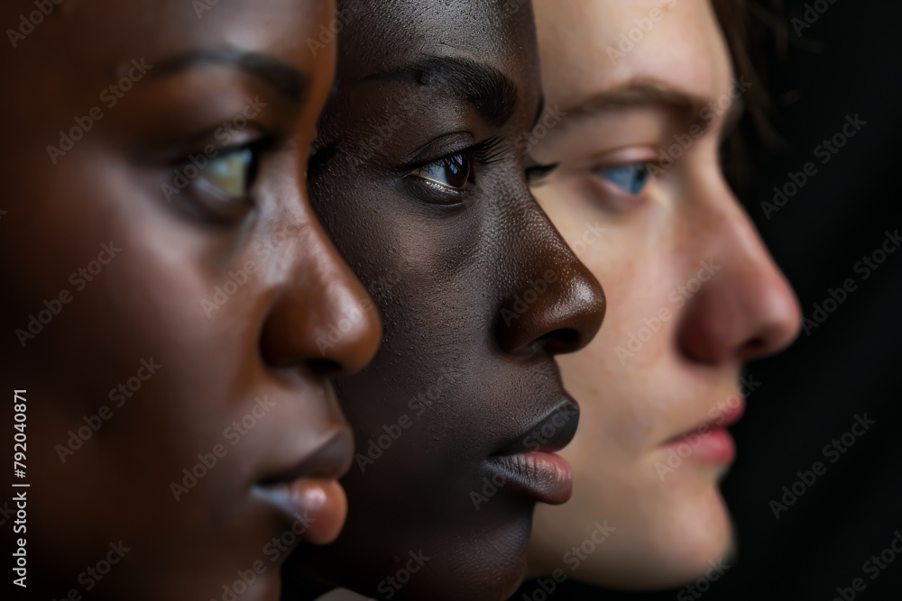 Three people with different skin tones are standing next to each other. Concept of unity and diversity, celebrating the beauty of different skin colors Three people with different skin tones are standing next to each other. Concept of unity and diversity, celebrating the beauty of different skin colors