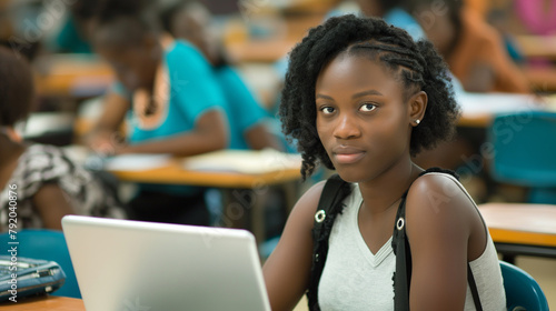 Mulher afro na sala de aula usando um leptop photo