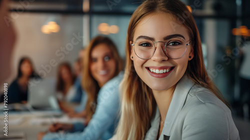 Mulher sorrindo em um escritório durante uma reunião  photo