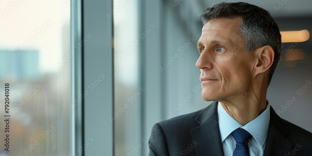Senior businessman looks out the window. Stylish portrait of a mature man in a suit. Generative AI. Senior businessman looks out the window. Stylish portrait of a mature man in a suit. Generative AI.
