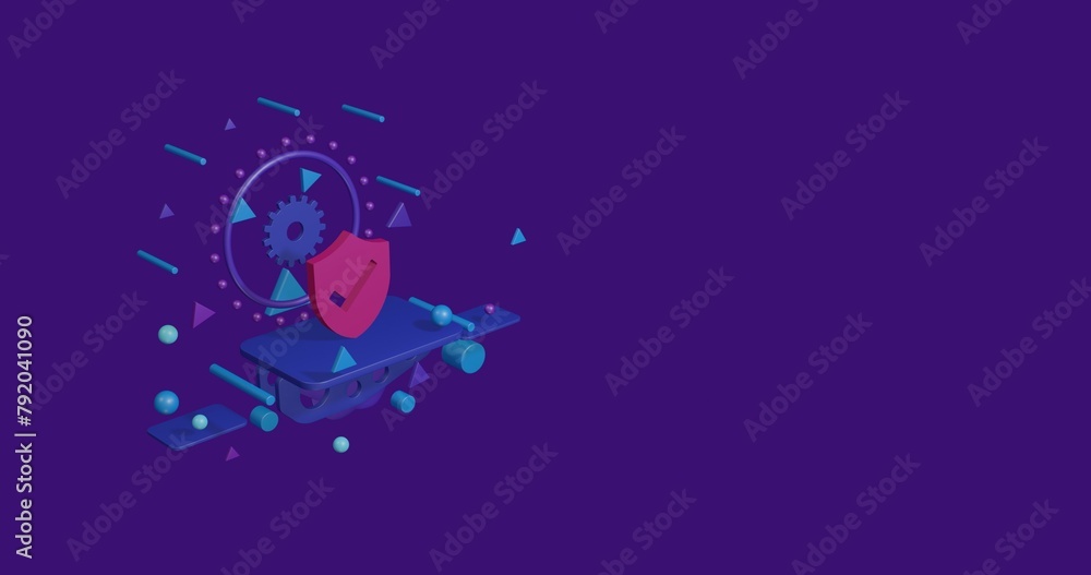 Obraz premium Pink protection mark symbol on a pedestal of abstract geometric shapes floating in the air. Abstract concept art with flying shapes on the left. 3d illustration on deep purple background