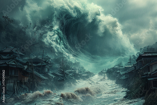 The clash between a tsunami and a coastal village, symbolizing the collision of powerful ocean waves and seaside communities. Concept of natural disasters in coastal regions. Generative Ai. photo