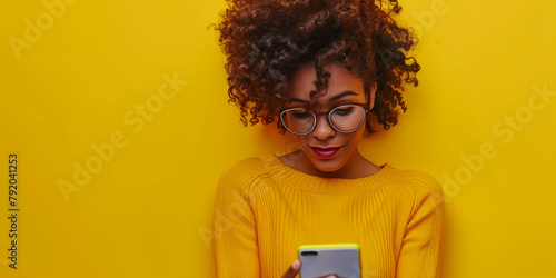 A woman with curly hair and glasses is looking at her phone. She is wearing a yellow sweater and she is focused on her device