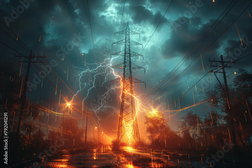 The meeting point of a thunderstorm and a power grid, depicting the collision of lightning strikes and electrical infrastructure. Concept of storm-related power outages. Generative Ai. photo