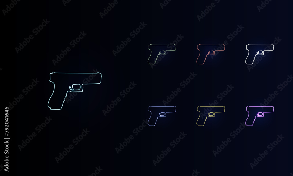 A set of neon gun symbols. Set of different color symbols, faint neon glow. Vector illustration on black background A set of neon gun symbols. Set of different color symbols, faint neon glow. Vector illustration on black background