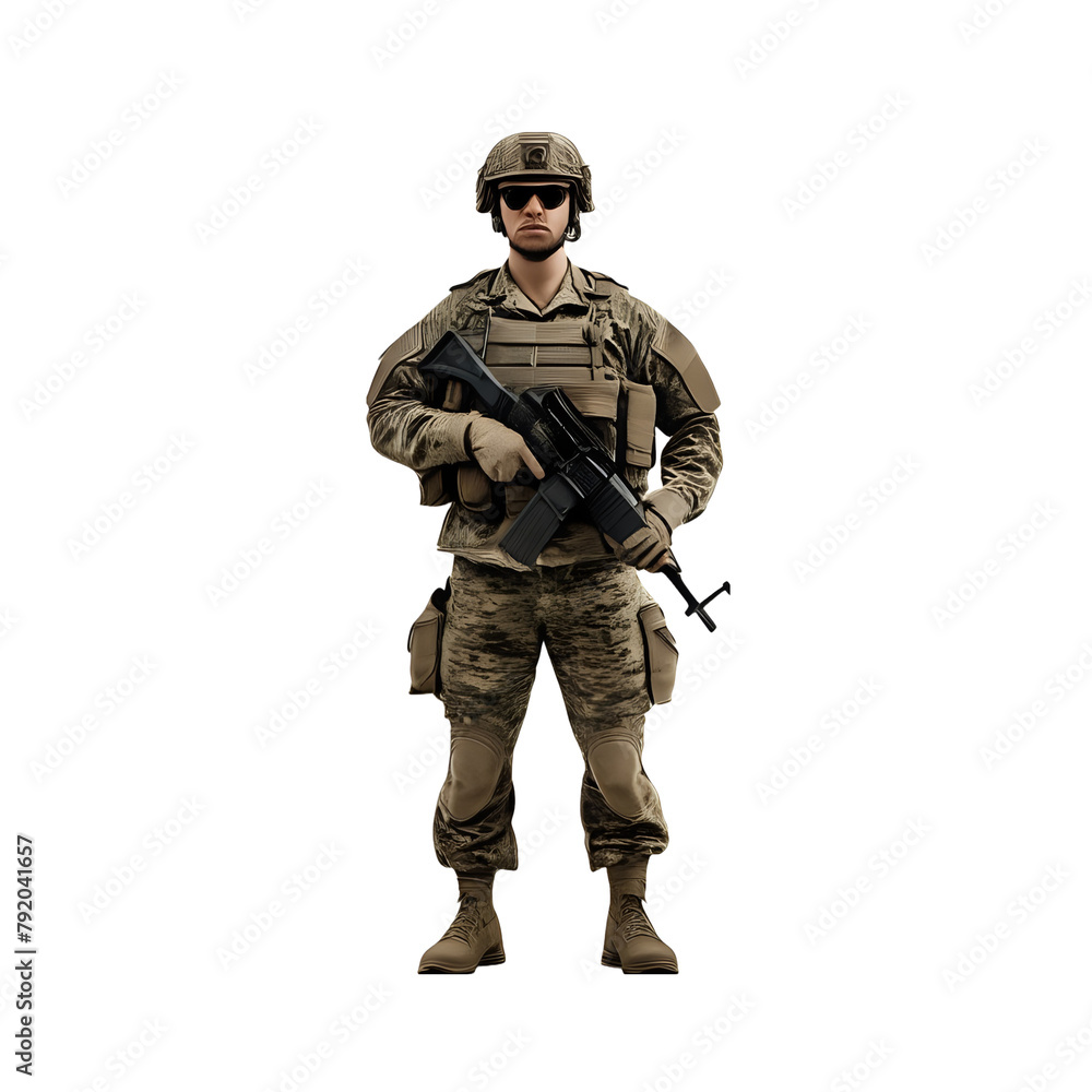 A military soldier wearing military clothing and weapons cut out 
