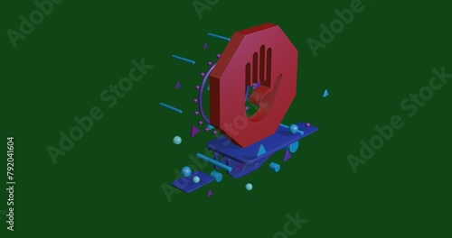 Red stop hand symbol on a pedestal of abstract geometric shapes floating in the air. Abstract concept art with flying shapes in the center. 3d illustration on green background