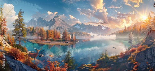 panoramic view of Lake glam's lake in S stainhand park with giant deer statue and autumn forest in the background, amazing mountain peaks in clouds photo