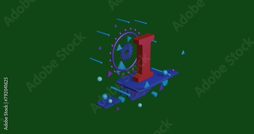 Red capital letter I symbol on a pedestal of abstract geometric shapes floating in the air. Abstract concept art with flying shapes in the center. 3d illustration on green background