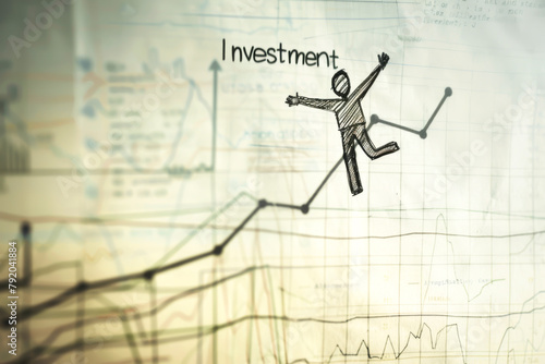 The stick figure slides along the lines, but instead of escaping, its leaping from one financial chart line to another. The word "Investment" float around it.