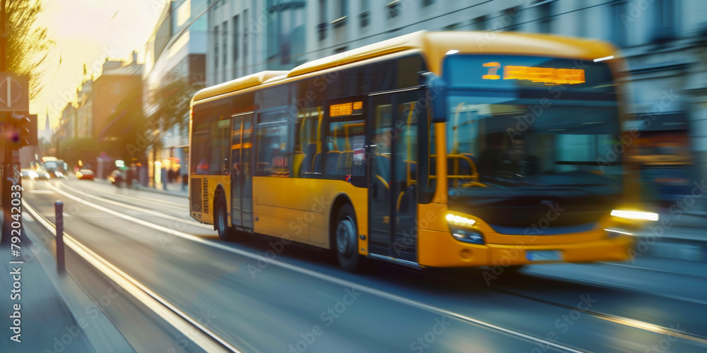 A yellow bus is driving down a street. The bus is yellow and has a sign on the front that says A yellow bus is driving down a street. The bus is yellow and has a sign on the front that says