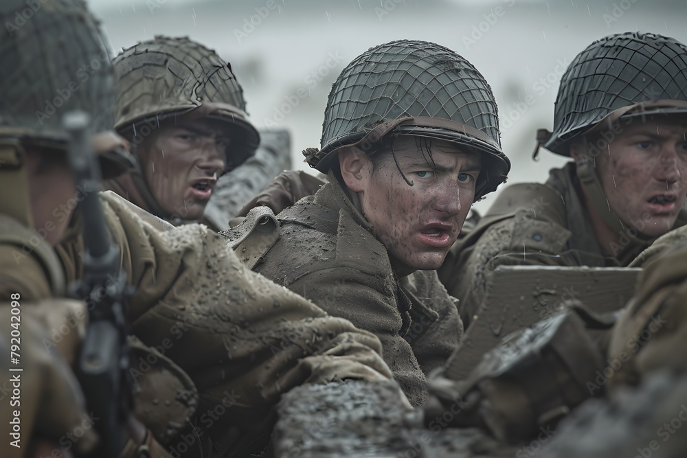 Soldiers in Action with Rifles and Helmets in Foggy Weather - Generative AI Soldiers in Action with Rifles and Helmets in Foggy Weather - Generative AI