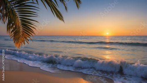 Serene ocean sunset scene framed by the graceful arch of palm fronds against the horizon.