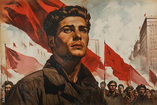 portrait of a man in a crowd with red flags photo