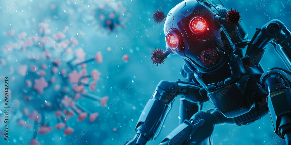 A robot with red eyes is standing in front of a pink and white background. The robot is wearing a mask and he is in a futuristic setting