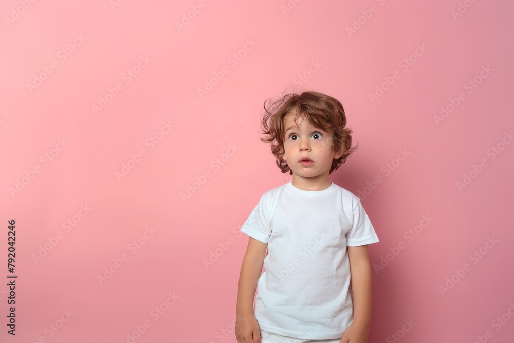 Surprised Toddler with Curly Hair on Pink Background. Generative AI. Surprised Toddler with Curly Hair on Pink Background. Generative AI.