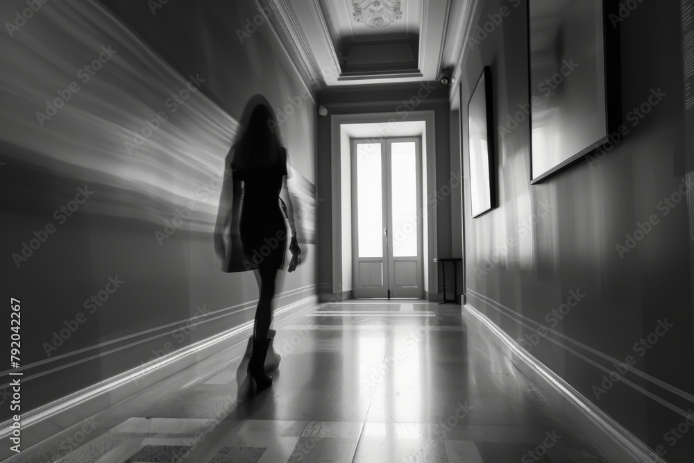 A woman is walking down a hallway with a blurry image of her. The hallway is dark and empty, with only a few pictures on the walls. The woman is carrying a handbag A woman is walking down a hallway with a blurry image of her. The hallway is dark and empty, with only a few pictures on the walls. The woman is carrying a handbag