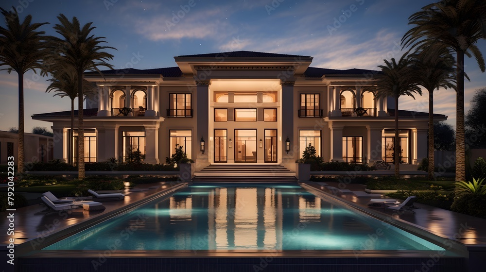 Luxury villa with swimming pool and palm trees at night