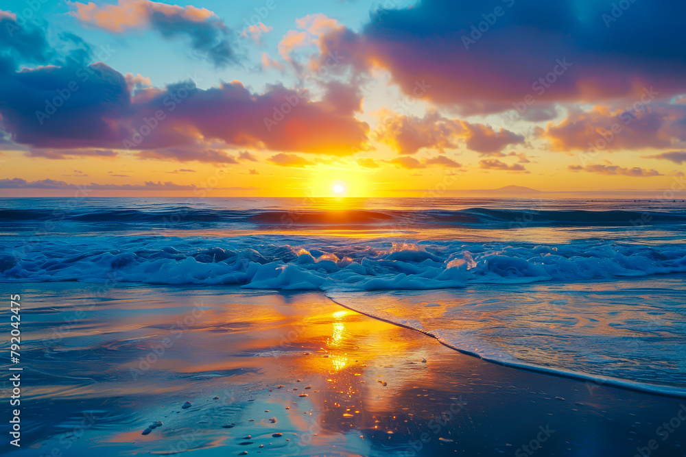 The sun is setting over the ocean, casting a warm glow on the water. The sky is filled with clouds, creating a serene and peaceful atmosphere. The waves gently lap against the shore