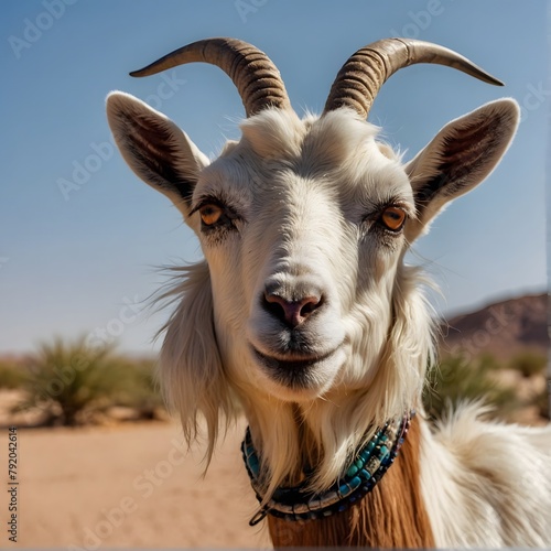 A white goat portrait with a collar on his neck. photo