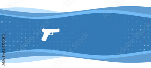 Blue wavy banner with a white gun symbol on the left. On the background there are small white shapes, some are highlighted in red. There is an empty space for text on the right side