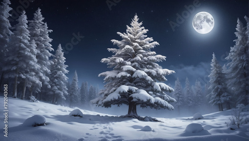 Serene Christmas night, Snow-laden tree in a winter forest, offering ample copy space under the moonlit sky.