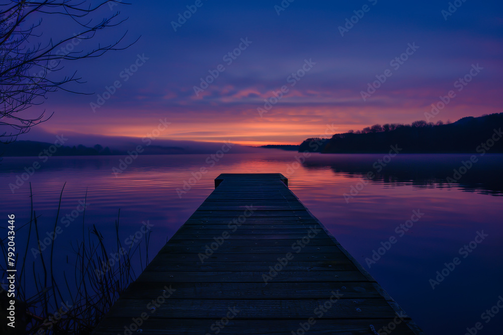 A wooden pier is seen in front of a body of water. The water is calm and the sky is a beautiful shade of purple. The scene is serene and peaceful, with the water reflecting the colors of the sky A wooden pier is seen in front of a body of water. The water is calm and the sky is a beautiful shade of purple. The scene is serene and peaceful, with the water reflecting the colors of the sky