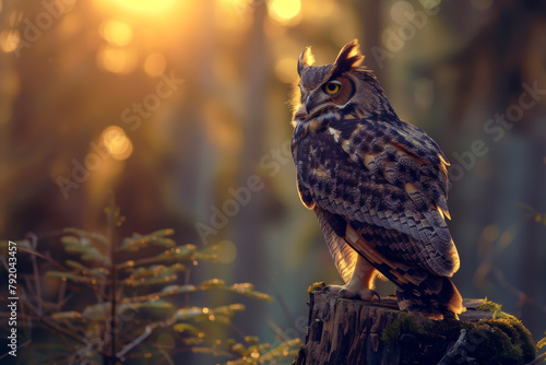 A large owl is perched on a tree stump in a forest. The owl is looking to the right, and the sun is shining through the trees, creating a warm and peaceful atmosphere