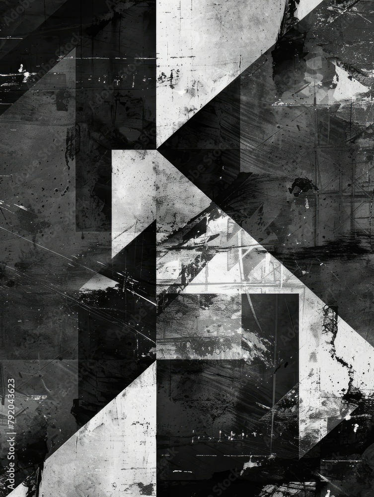 Fototapeta premium Abstract monochrome geometric shapes art - This artwork displays a complex array of geometric shapes with a monochrome theme, showcasing a blend of artistic creativity and abstraction