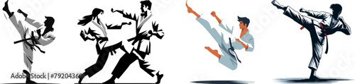 vector set of karate and taekwondo sportsmen in kimono for black and white logo