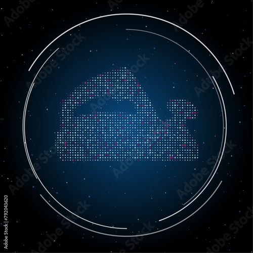 The electric plane symbol filled with white dots. Pointillism style. Some dots is pink. Vector illustration on blue background with stars