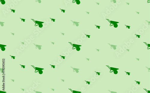 Seamless pattern of large and small green garden wheelbarrow symbols. The elements are arranged in a wavy. Vector illustration on light green background