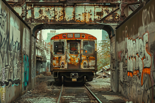 A train is going through a tunnel with graffiti on the walls. The train is old and rusty