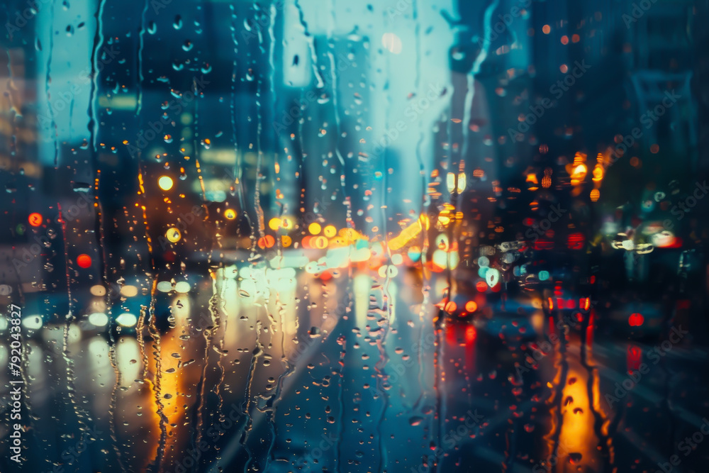 A blurry cityscape with raindrops on the window. The lights of the city are reflected in the raindrops, creating a moody and atmospheric scene A blurry cityscape with raindrops on the window. The lights of the city are reflected in the raindrops, creating a moody and atmospheric scene