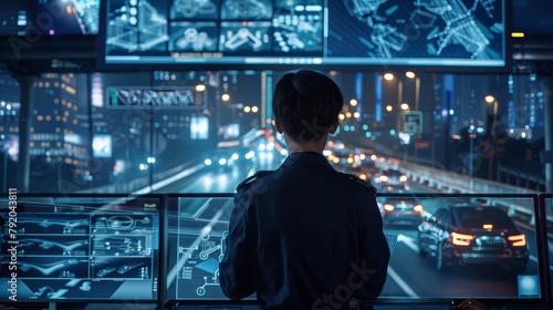 Future of Transportation Expert overseeing selfdriving cars in hightech control center photo