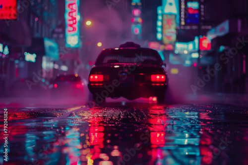 A car is driving down a wet street with neon lights in the background. The car is red and he is speeding. The scene is set in a city at night, with the neon lights creating a vibrant